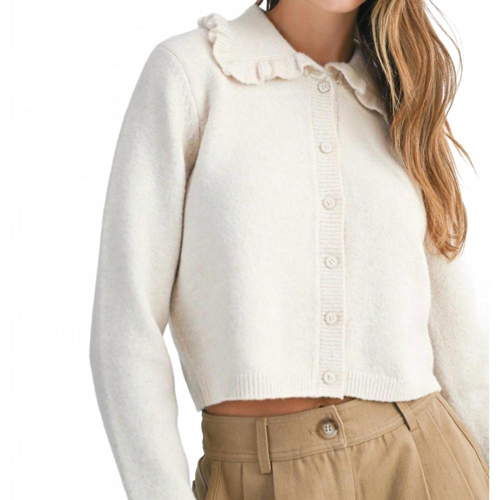 Cropped Cream Ruffle Collar Cardigan Sweater